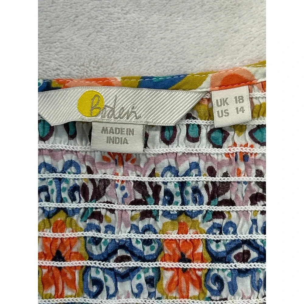 Boden‎ Crop Top Womens 14 Multi Color Smocked Bodice Puff Sleeve Cotton Boho